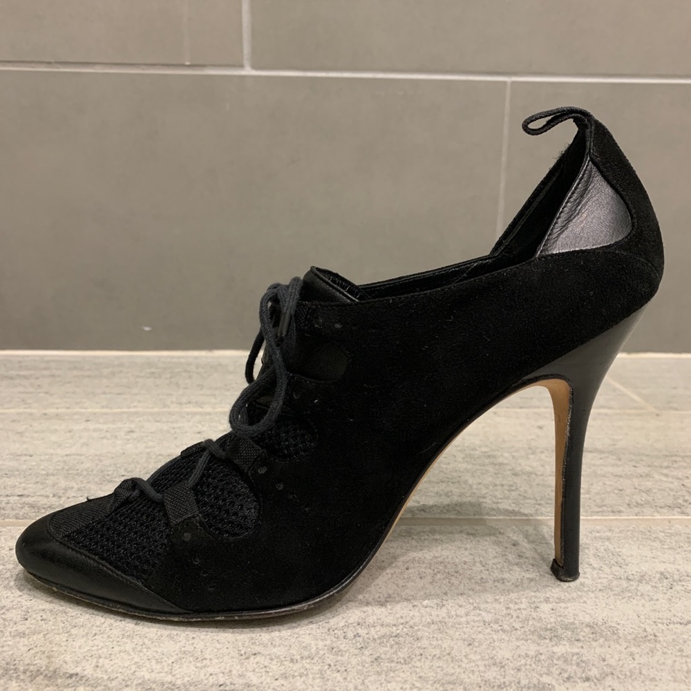 CONSIGNED. Manolo Blahnik Suede Heels with Mesh Overlay - Picture 9 of 16